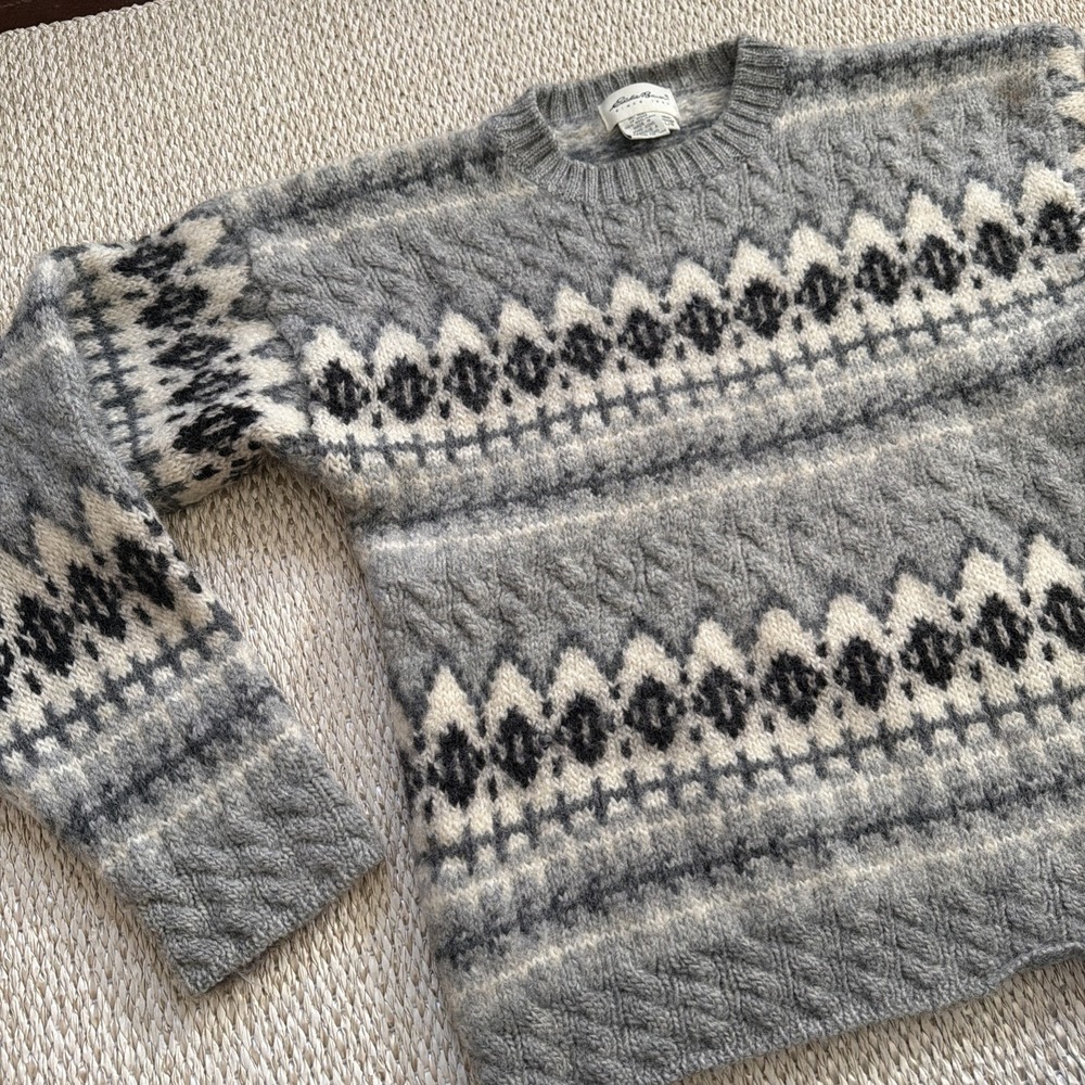 Men's Vintage Eddie Bauer‎ Wool Argyle Fair Isle Fisherman's Sweater. LG